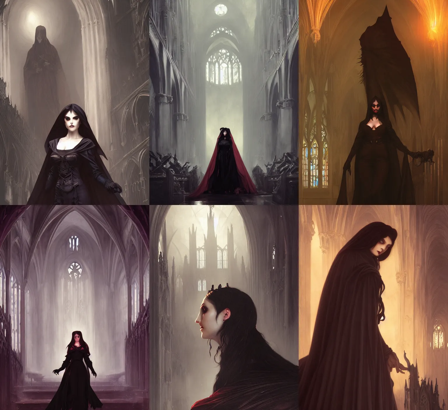 Prompt: vampire temptress in a gothic cathedral witching hour, cinematic, heavenly, volumetric light highly detailed, digital painting, artstation, concept art, smooth, sharp focus, epic illustration, unreal engine 5, 8 k illustration by bouguereau and greg rutkowski and edgar maxence