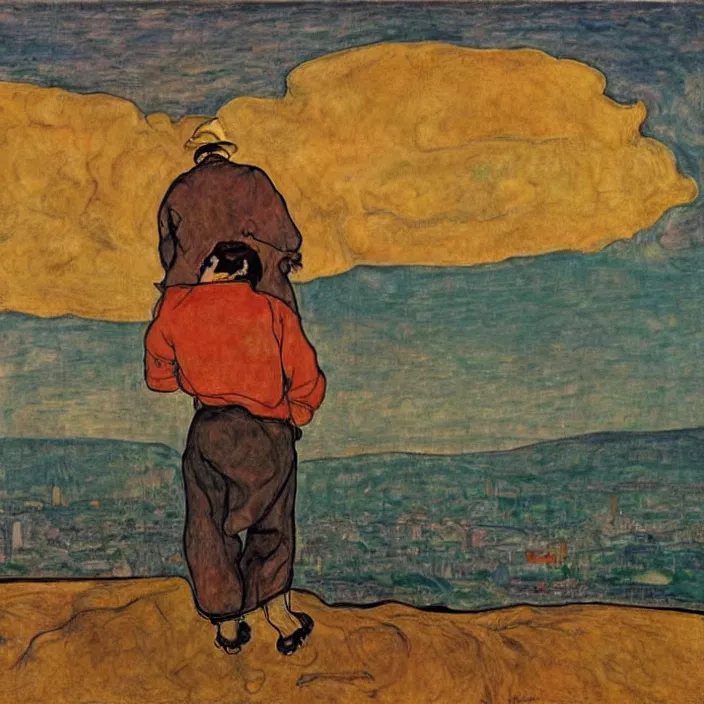 Image similar to fierce man with golden mustache carrying a boulder on his back on a hill, looking at the toxic industrial city with dark smoke and smog. sun setting through the clouds, vivid iridescent colors. munch, egon schiele, henri de toulouse - lautrec, utamaro, monet