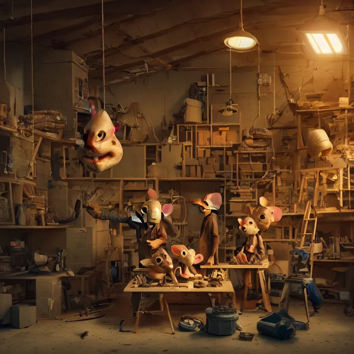 Image similar to crew of workers building giant mouse - prop - head in quaint workshop, octane render, 4 k ultra hd, hyper - detailed, realistic, seedy lighting, sharp focus, in style of beeple