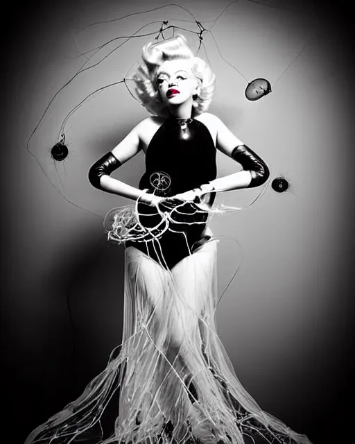 Prompt: dreamy surreal poetic black and white photo of a beautiful young bio-mechanical-female-jellyfish-cyborg-plant-plastic-robot Marilyn Monroe with a very long neck and a super big gothic lace collar and a very high big floral crown with many black dry roses by Vivienne Westwood:: smoke, high fashion, haute couture, rococo, avant-garde, elegant, dreamy, hyper realistic, 150 mm lens, soft rim light, octane render, unreal engine, picture was taken in 1910 by Dora Maar, volumetric lighting, dramatic light,8k,