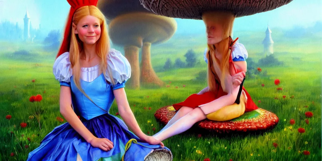 Prompt: oil painting of very young gwyneth paltrow as alice from alice in wonderland, sitting cross legged on a giant mushroom, vibrant colors, atmospheric, mist, magical, fantasy, michael whelan art, artstation
