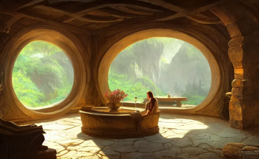 Image similar to painting of an interior of a hidden circular complex carved inside a mountain living quarters overlooking the great room, small hot spring and lush garden outside, other bedrooms can be seen, natural light, fantasy, natural light, concept art, by greg rutkowski and craig mullins, cozy atmospheric and cinematic lighting, trending on artstation