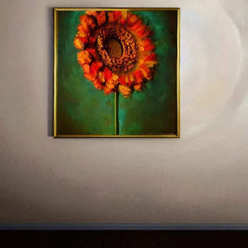 Image similar to giant flower head, woman standing in a luxury apartment, surreal, dramatic light, impressionist painting, digital painting, artstation, georgia o'keeffe