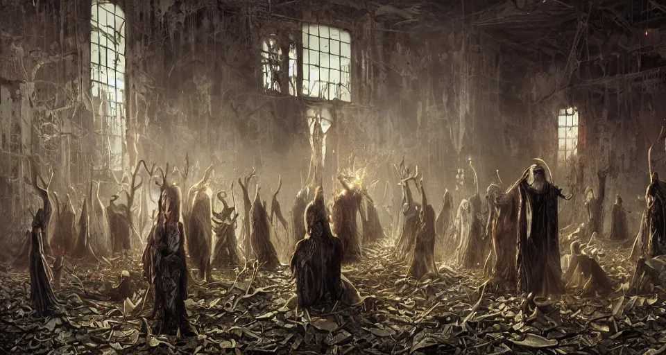 Image similar to A horrific sinister painting of souls of the dead queueing up outside a door in an abandoned warehouse by Tom Bagshaw, Dan Mumford, Dariusz Zawadzki, Todd McFarlane, and Erik Johansson.