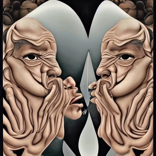 Image similar to an HD beautiful composition of deeply moving genius, flawless and incredible facial portraiture, depicting Father Time who has two faces and is regarding himself as if in the mirror; wondrous futuristic digital paint, by M. C. Escher S 572670079