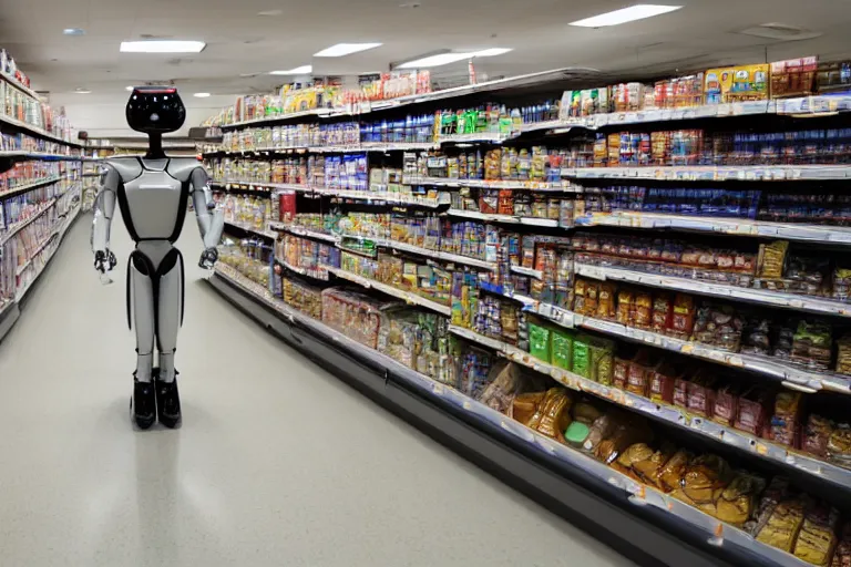 Image similar to photojournalism of sleek humanoid robot walking out of grocery store carrying grocery bags