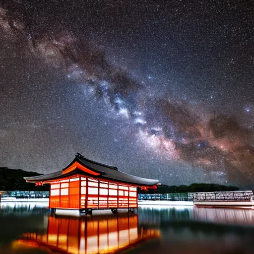 Image similar to A traditional japanese building underneath the milkyway at night both relfecting inside a lake