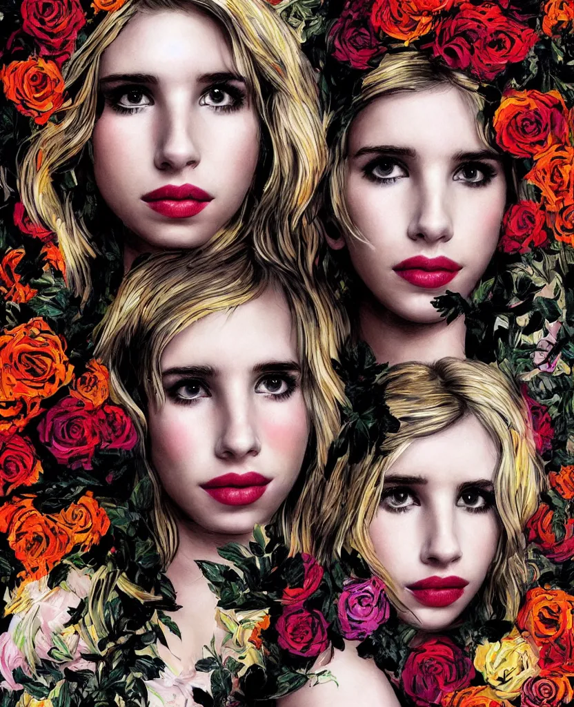 Image similar to young Emma Roberts as a goddess of black roses looking searchingly into your eyes. minute detail. blended shadowing. tricolors. ultra colorful. perfect lighting. perfect pose. amazing creative portrait illustration. the best portrait of a beautiful goddess in existence. large format image. image appears 3D.