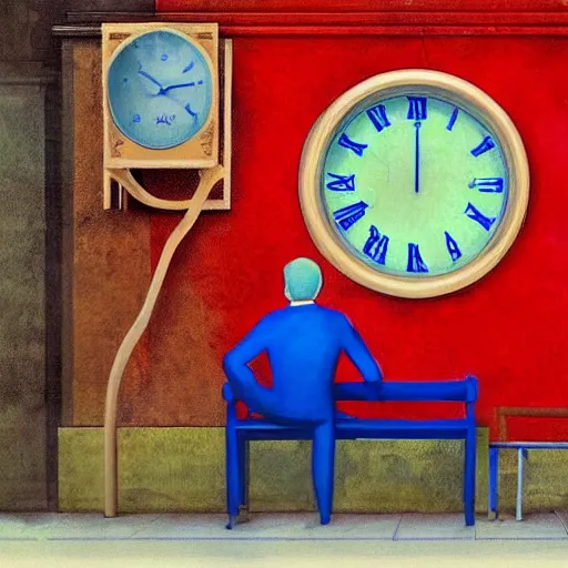 Prompt: only with blue a man sitting on a bench with a clock on the wall ticking and music notes in the background insanely quality, highly detailed, masterpiece, red light,