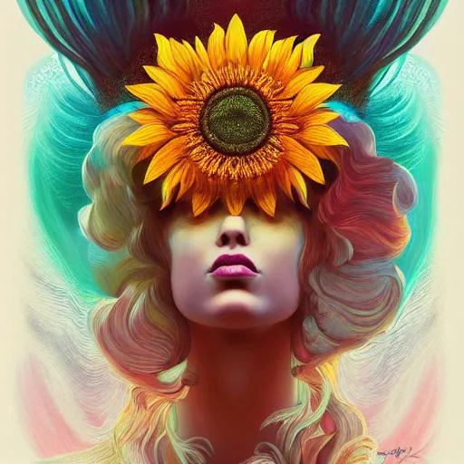 Image similar to !dream Sunflower queen, colorful, surreal, dramatic lighting, face, detailed, intricate, elegant, highly detailed, digital painting, artstation, concept art, smooth, sharp focus, illustration, art by Sam Spratt, Dan Mumford, Artem Demura and Alphonse Mucha