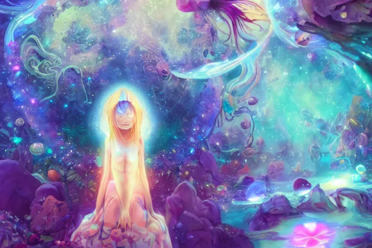 Image similar to yoni, yoni art, psychedelic, whimsical, 4k, beautiful, a crystal and flower, reflective pool, surrounded by gems, underneath the stars, rainbow fireflies, trending on patreon, deviantart, twitter, artstation, volumetric lighting, heavy contrast, art style of Greg Rutkowski and Miho Hirano and Ross Tran