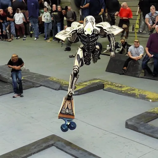 Image similar to necron doing a kickflip while humans look on in amazement and awe