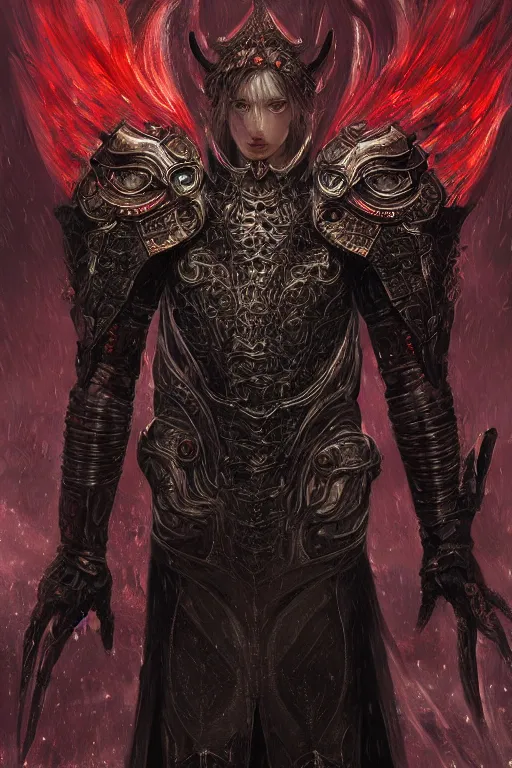 Image similar to portrait demonic knights of Zodiac male, black and reddish color mirror armor, in ruined Agora of Athens rainy night, ssci-fi and fantasy, intricate and very very beautiful and elegant, highly detailed, Frostbite Engine, digital painting, artstation, concept art, smooth and sharp focus, illustration, art by tian zi and WLOP and alphonse mucha