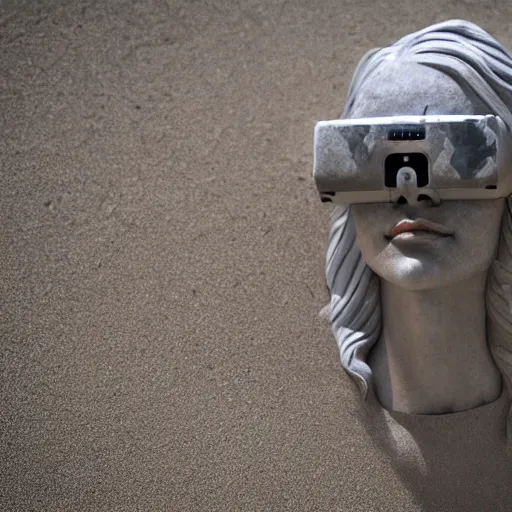 Image similar to the head of a marble cybernetic lady justice statue wearing a virtual reality headset on ground covered in sand, cyberpunk background, highly detailed, epic lighting, hyper photorealism, 8 k