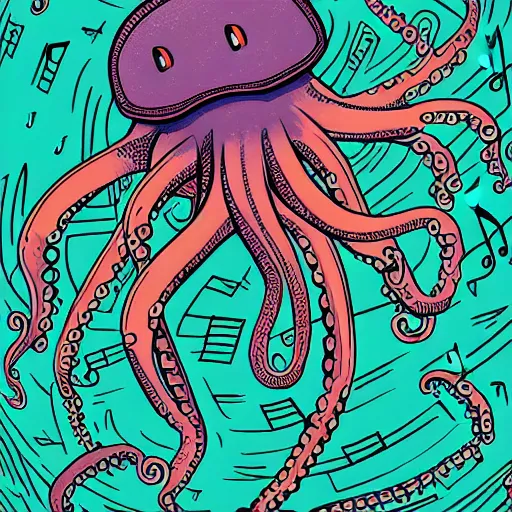 Image similar to detailed, intricate, colour, comic style illustration of a robotic octopus with audio jack cable tentacles, inside a huge music studio cave