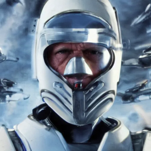 Image similar to close up photograph of an old man who is a veteran of many futuristic wars with short gray hair and blue eyes. he is wearing a white futuristic suit of heavy combat armor and holding a blaster in one hand and a plaster plazma - proof shield in the other. riding a white armored motorcycle charging into enemy lines while firing plasma bolts.