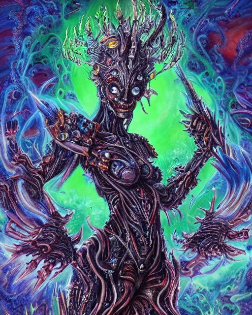 Image similar to silver mechanical charred bloody fleshmetal cyborg daemonhost woman psychedelic flamer of tzeentch with extra arms, blue and green rainbow fire, by antonio j. manzanedo, alex grey, android jones, philippe druillet, raymond swanland, cyril rolando, josephine wall, harumi hironaka, cronenburg, trending on artstation