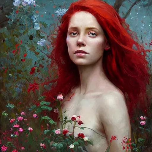 Prompt: a beautiful red haired woman in a garden, beautiful painting by greg rutkowski and magali villanueve