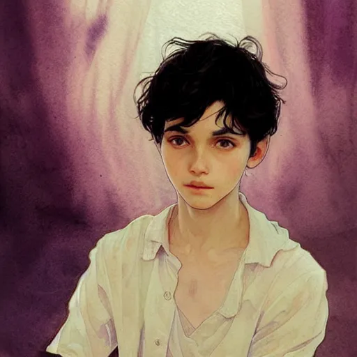 Image similar to young boy, black hair, purple eyes, gorgeous, amazing, delicate, elegant, intricate, highly detailed, watercolor, portrait, artstation, concept art, sharp focus, illustration, art by artherm and greg rutkowski and alphonse mucha