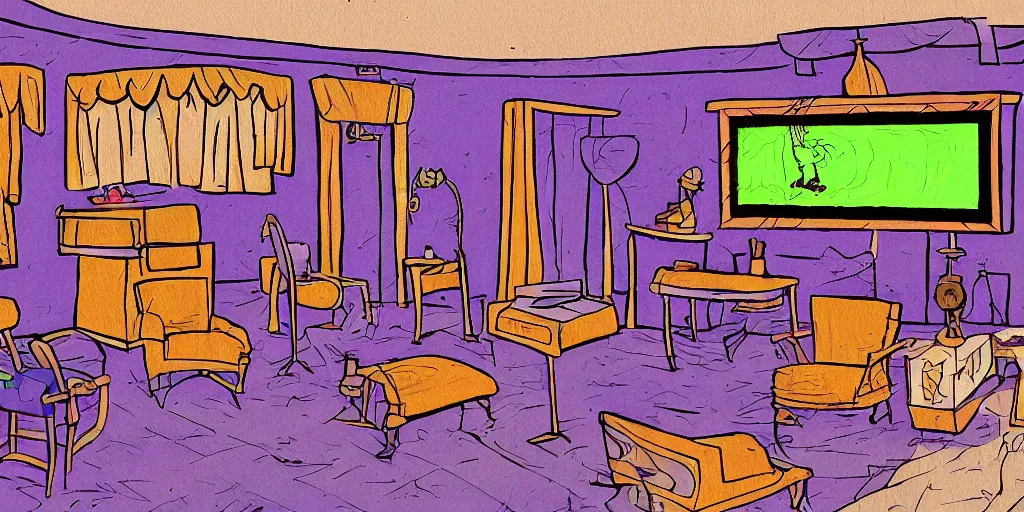 Image similar to a dimly lit, theater dressing room, with a mirror, a chair, a couch, day of the tentacle style, drawn by Peter Chan