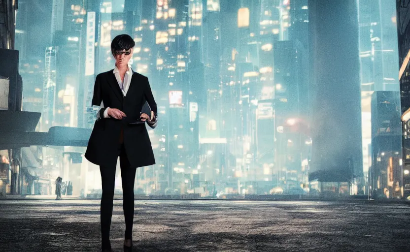 Image similar to a wide shot of a woman with a wool suit, very short hair, blurred face, wearing an omega speedmaster on her wrist in front of a crowded dystopian city full of people walking at night with fog and cyberpunk lights