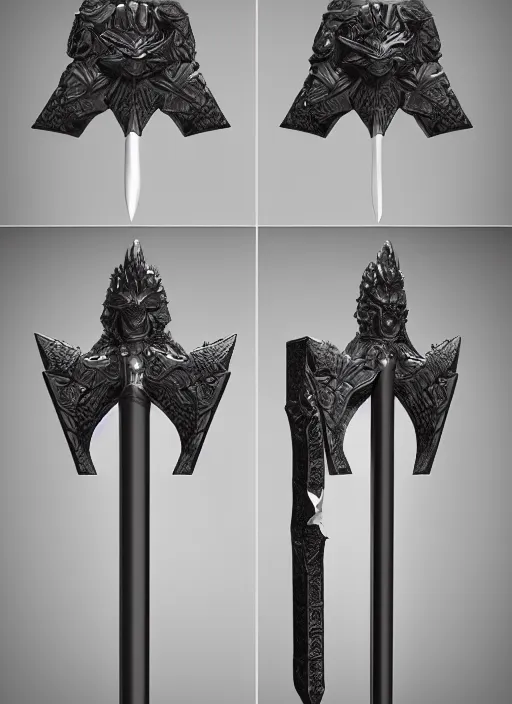 Image similar to a black great sword mini skull crest, orthographic, ornament, weapon, a 3 d render by dom qwek, front side full, trending on polycount, artstation, hard surface modeling, rendered in maya, zbrush, blender, hd, vray, berserk, symmetry