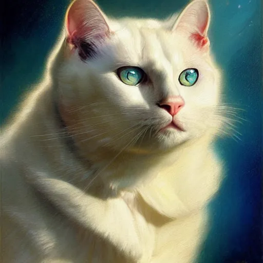 Image similar to a portrait of a manly and muscular white cat feline, blue eyes, star trek the next generation. highly detailed painting by gaston bussiere, craig mullins, j. c. leyendecker, furry