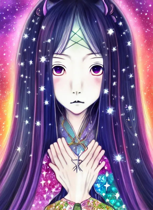 Prompt: japanese anime portrait of a beautiful witch, shinny star, cloak, royally decorated crystal gemstones, symmetrical face, portrait, cute, fairy, by mai yoneyama, artgerm, kelly mckernan, pixiv, detailed background, artstation, intricate, elegant, highly detailed, colorful, maximalist