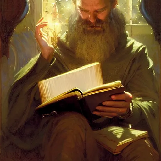 Image similar to stunning male master wizard reading his forbidden magical book, highly detailed painting by gaston bussiere, craig mullins, j. c. leyendecker, 8 k