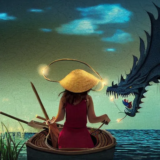 Prompt: digital art girl in straw hat with dragon tatoo with lights traveling around swamp in boat