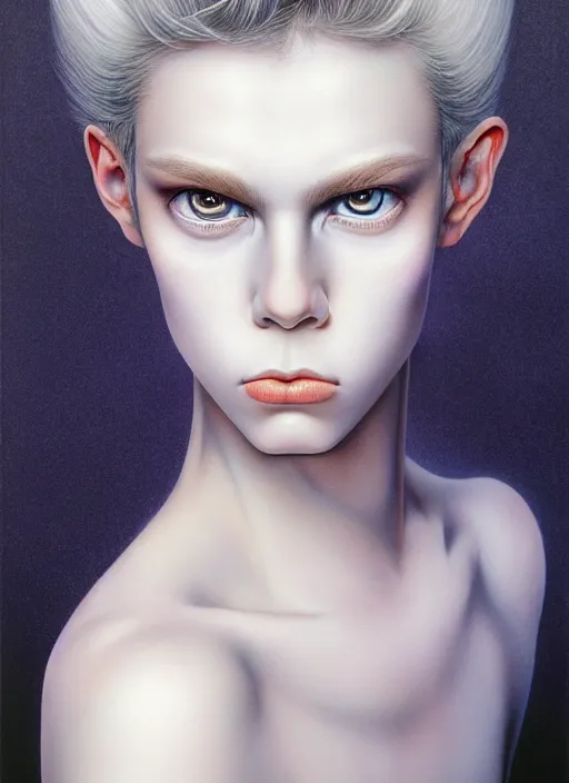 Image similar to beautiful matte airbrush portrait of an androgynous face with big sad eyes crying on a white background, 8 0's airbrush aesthetic, art by pater sato, ayami kojima and yoshitaka amano