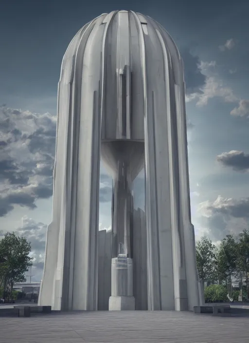 Prompt: highly detailed realistic architecture 3 d render of a futurisctic stele monument made from atomium brussels standing near a highway, archdaily, made in unreal engine 4 octane render