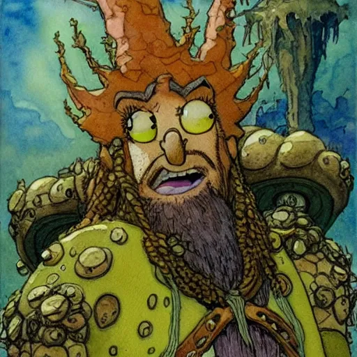 Image similar to a realistic and atmospheric watercolour fantasy character concept art portrait of spongebob as a druidic warrior wizard looking at the camera with an intelligent gaze by rebecca guay, michael kaluta, charles vess and jean moebius giraud