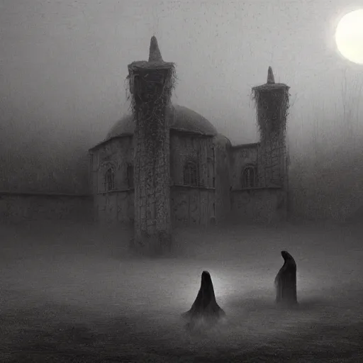 Image similar to a big mosque in a Village, horror, fog, foster, highly detailed, one house, fear, dark inside, black garb figures,eerie sun eclipse,hyper realistic, atmospheric lighting, beksinski