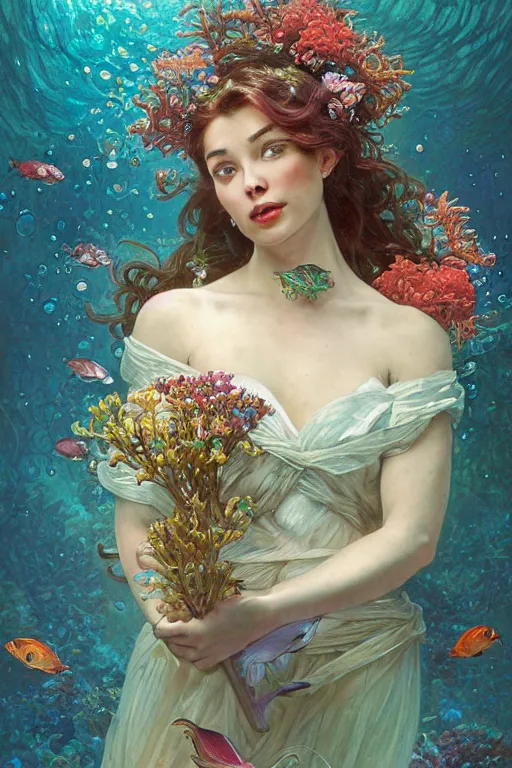 Prompt: portrait of a beautiful mysterious woman holding a bouquet of flowing flowers, small bubbles from her mouth, hands hidden under the bouquet, submerged underwater filled with colorful small fish and coral reef, fantasy, regal, intricate, by stanley artgerm lau, greg rutkowski, thomas kindkade, alphonse mucha, loish, norman rockwell