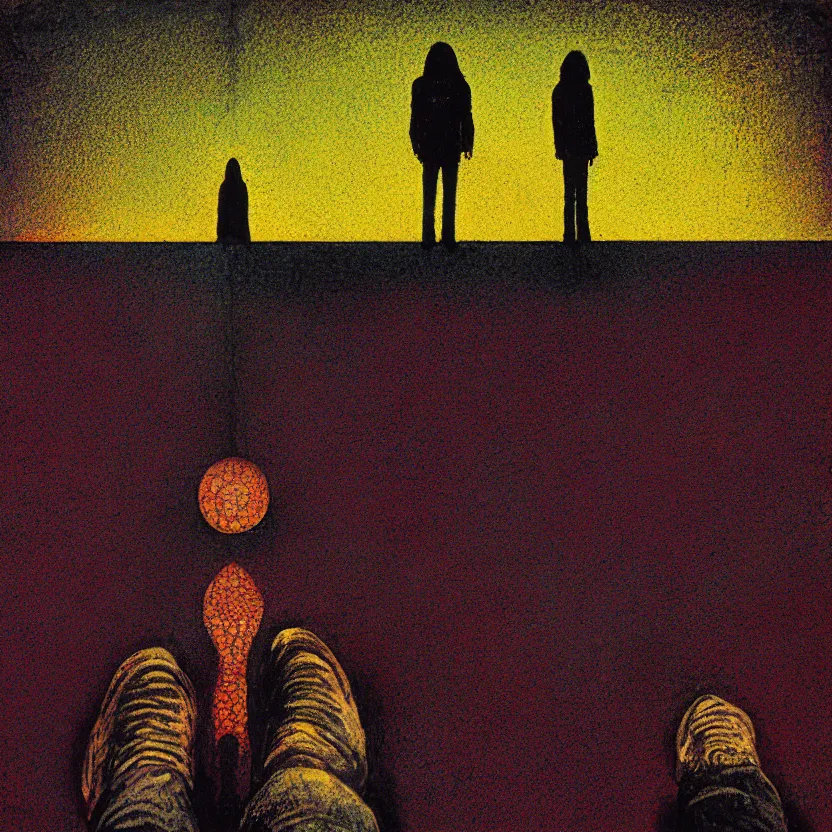 Prompt: realistic detailed image closeup of two people standing on top of a checkered floor, an album cover by syd barrett, tumblr, neo - expressionism, darksynth, nightmare, cosmic horror, fisheye view, artstation