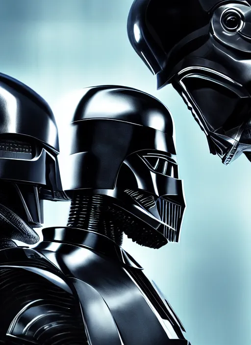 Image similar to Film poster, RoboCop VS Darth Vader, faces look at each other, detailed and realistic, 4k, filmic render