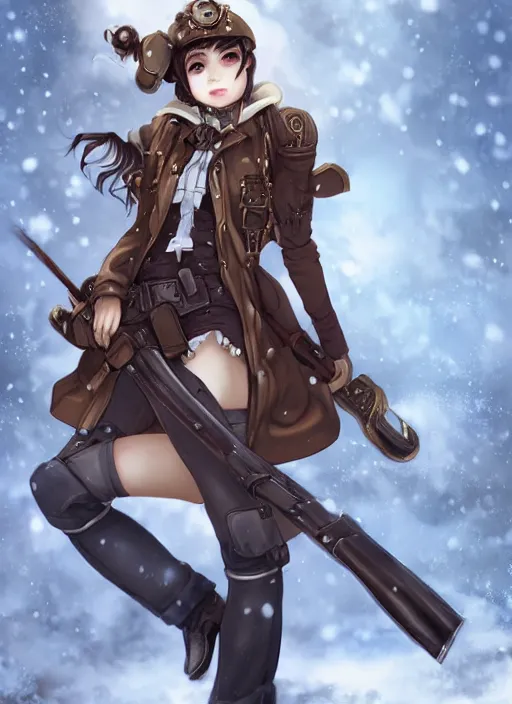 Image similar to girl with steampunk weapons and uniform, serious, finely detailed, made by artgerm, ross tran, full body portrait, illustration, snow, snowing, cloudy, anime, side view, perfect anime face, realistic face, zoomed out, smooth, brown eyes, high waisted shorts