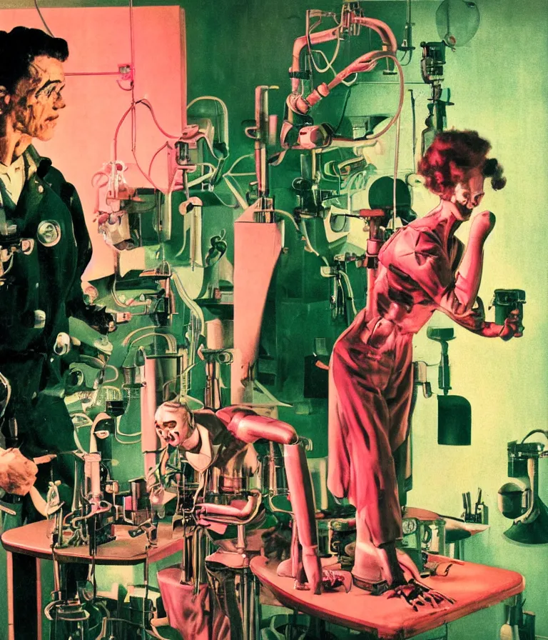 Prompt: a female mad scientist woman assembling a humanoid robotic man, in a darkly lit laboratory room, 1 9 5 0 s horror movie poster style, ( norman rockwell oil painting ), tight shot, close - up shot, retro science fiction, vintage, saturated pink and green lighting, shadowy lighting, cohesive