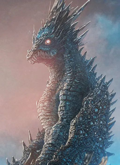 Image similar to occult godzilla kaiju with glowing haunted eyes, metal skin, intricate, elegant, highly detailed, centered, digital painting, artstation, concept art