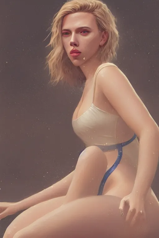 Image similar to a fancy portrait of Scarlett Johansson in a swimsuit by Greg Rutkowski, Sung Choi, Mitchell Mohrhauser, Maciej Kuciara, Johnson Ting, Maxim Verehin, Peter Konig, final fantasy , mythical, 8k photorealistic, cinematic lighting, HD, high details, atmospheric,