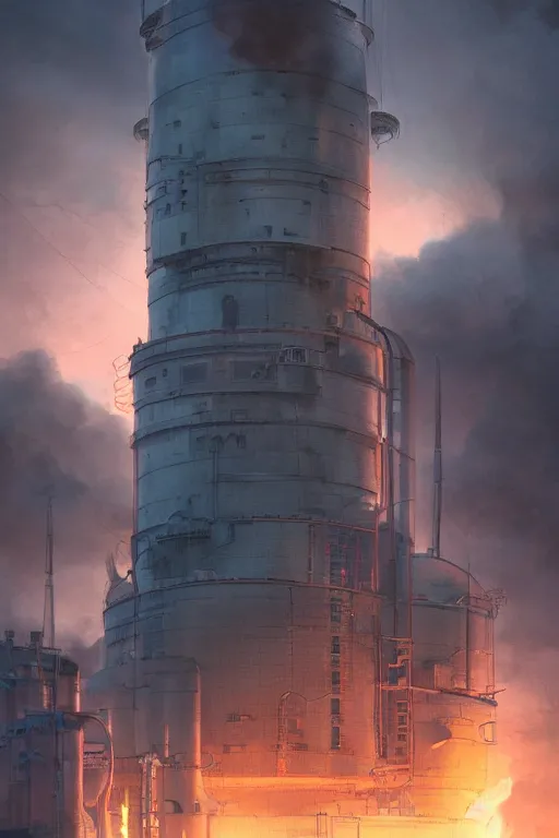 Image similar to a highly detailed matte painting of a soviet steampunk nuclear power station on fire at night by studio ghibli, makoto shinkai, by artgerm, by wlop, by greg rutkowski, volumetric lighting, octane render, 4 k resolution, trending on artstation, masterpiece