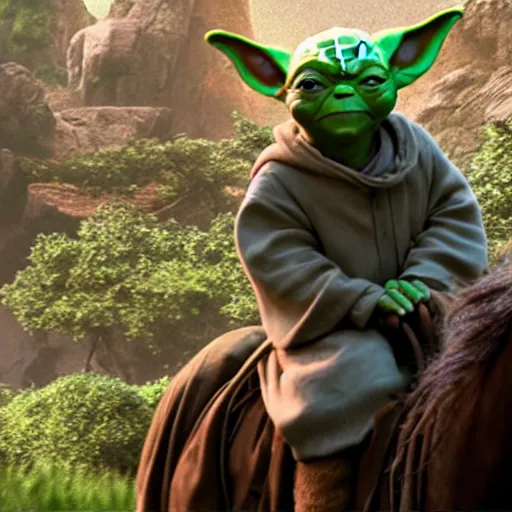 Prompt: yoda riding a horse, 8 k pixar film still