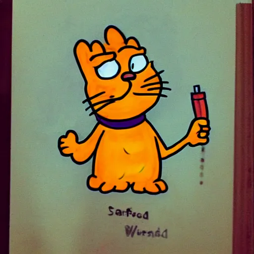 Prompt: Garfield with red eyes and weed around, children drawning,