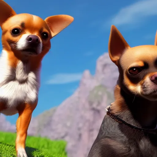 Image similar to chihuahua riding on top of a ROTTWEILER, rendered in unreal engine