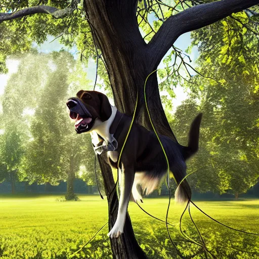 Image similar to an extremely happy dog is hanging by wires from a tree, 4 k, realistic