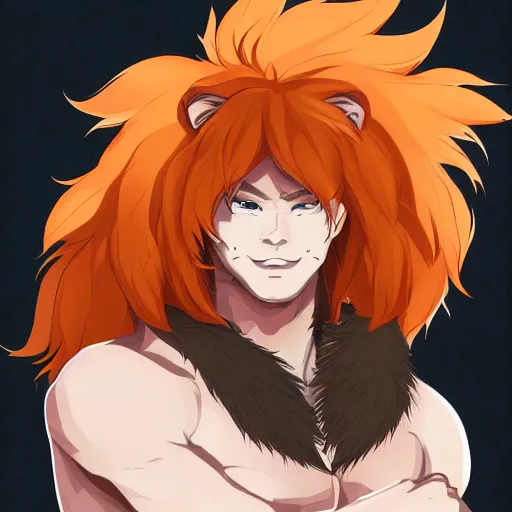 Image similar to portrait of a lion man warrior, fursona, furry art, anthro, light orange fur, detailed long dark orange mane, orange eyes, anime key visual, makoto shinkai