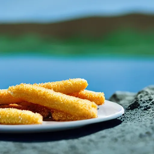 Prompt: cinematic shot of a plate of fish sticks sitting in the middle of a desert, 8k, ultra intricate, ultra detailed, depth of field, epic,