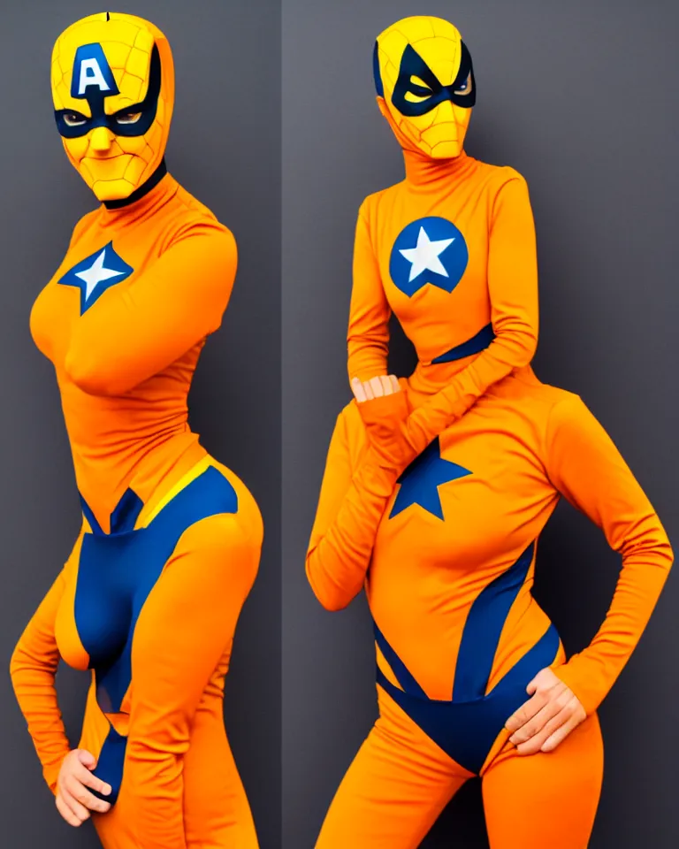 Image similar to new marvel superhero captain marigold, orange and yellow costume, centered zoomed out