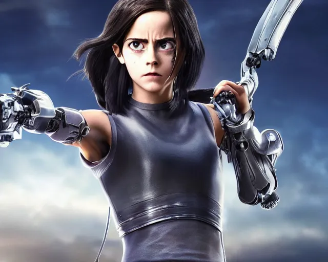 Image similar to a film still from battle angel alita played by actress emma watson, futuristic, cinematic lighting, photorealistic, lifelike, highly detailed, photorealistic, high resolution